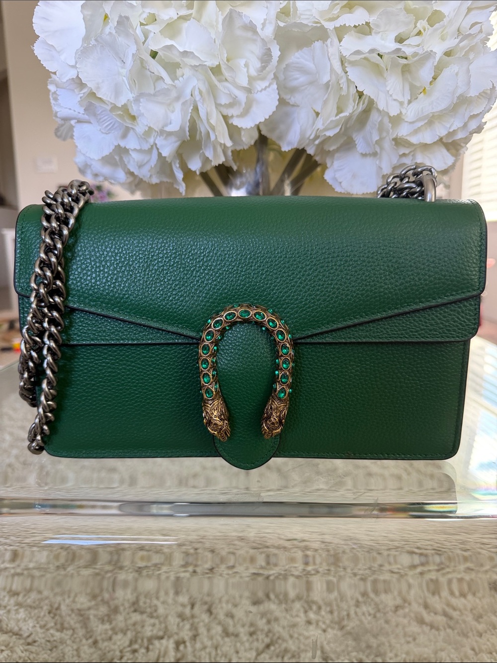 Designer Inspired Green PU Leather Shoulder Bag with Embellished Horsebit Accent